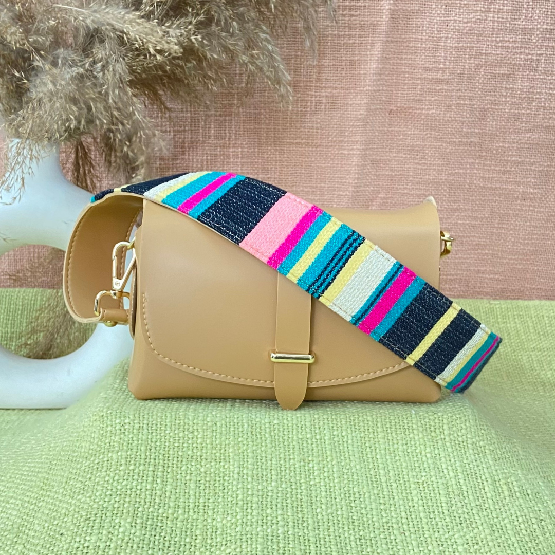 Beige Eva Bag with Multi-color Stripes Belt.