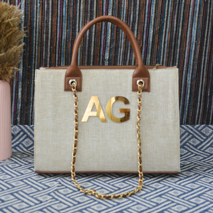 Beige with Brown Trims Chain Tote Metal (2 initials)