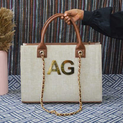 Beige with Brown Trims Chain Tote Metal (2 initials)