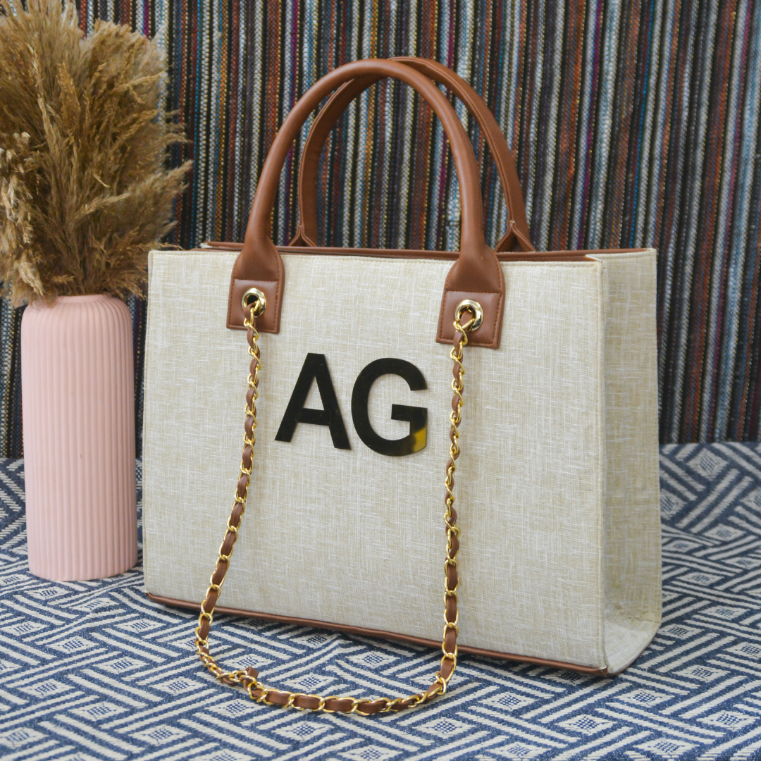 Beige with Brown Trims Chain Tote Metal (2 initials)