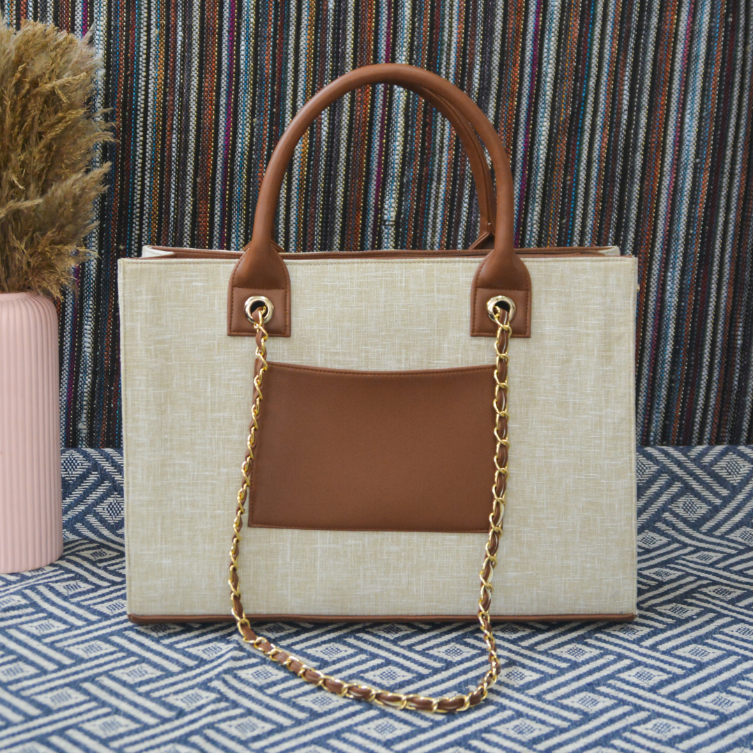 Beige with Brown Trims Chain Tote Metal (2 initials)