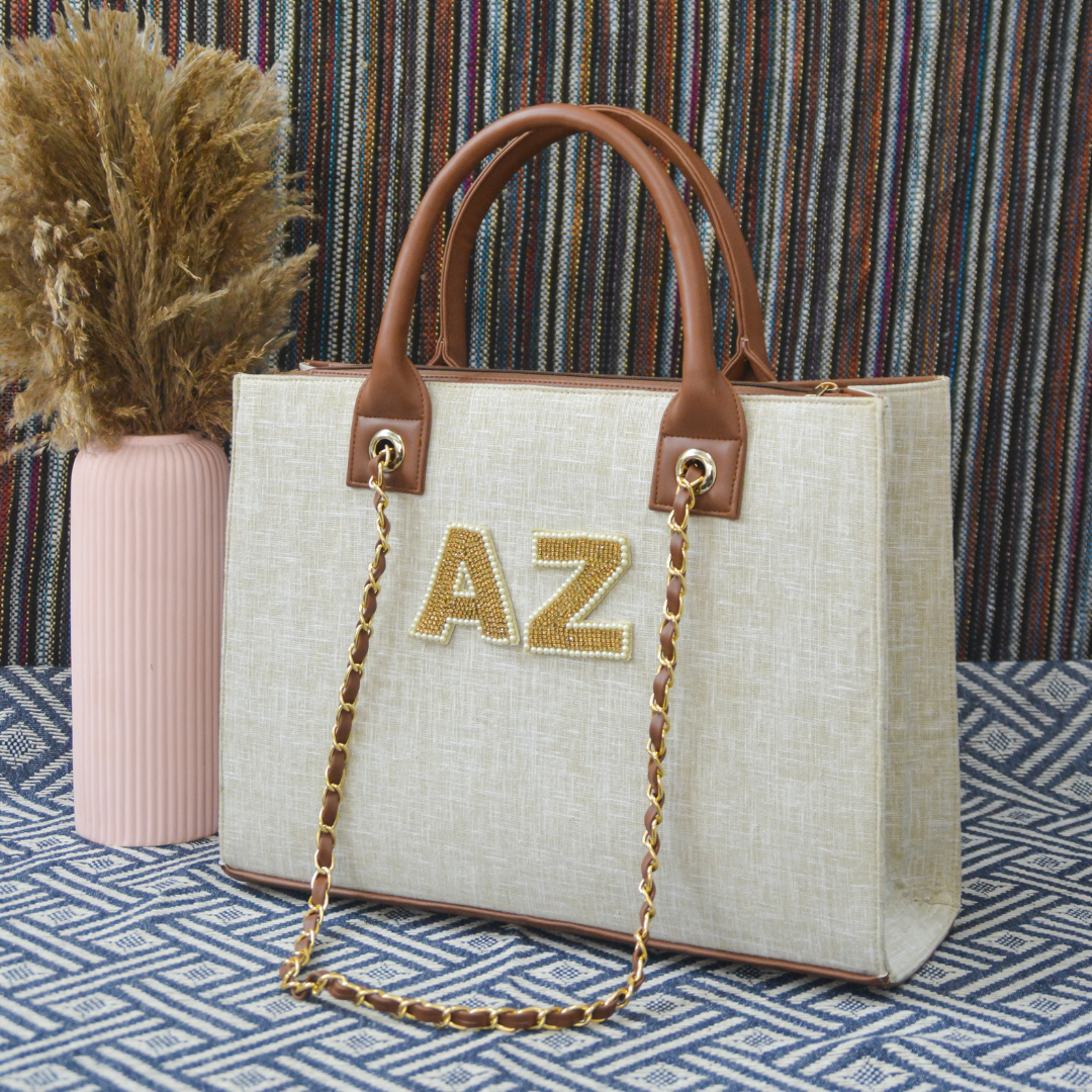Beige with Brown Trims Chain Tote Handwork (2 initials)
