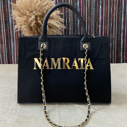 Black Canvas Chain Tote Metal Full Name (1 Line Initials)