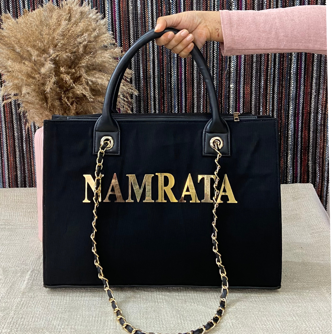 Black Canvas Chain Tote Metal Full Name (1 Line Initials)