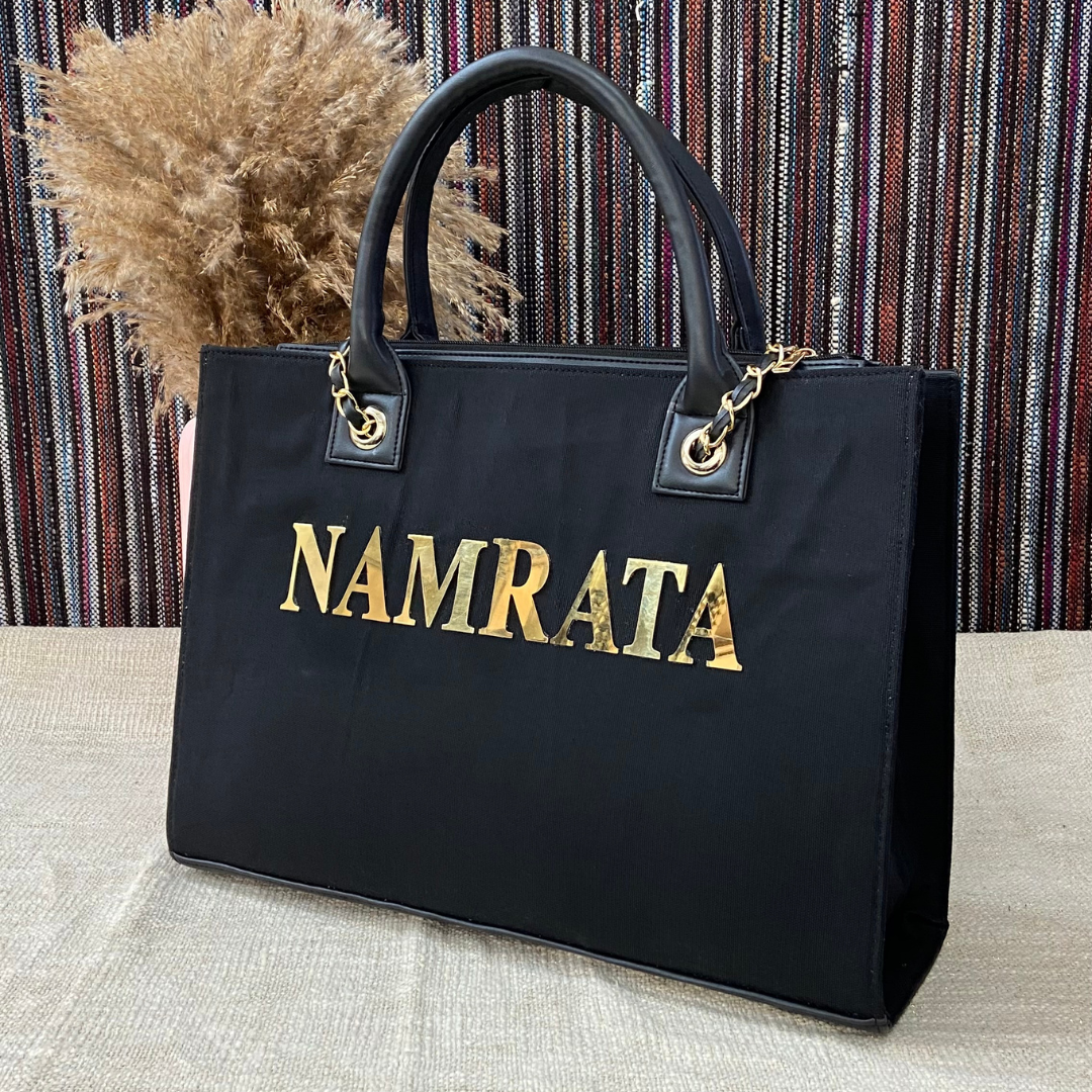 Black Canvas Chain Tote Metal Full Name (1 Line Initials)