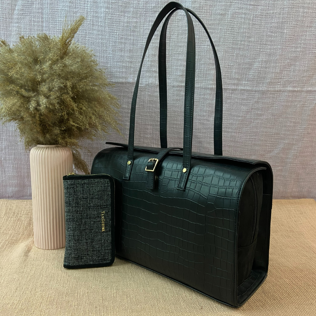 Black Croc Embossed with Black Swede Leera 16inch Bag + Big Wallet Combo