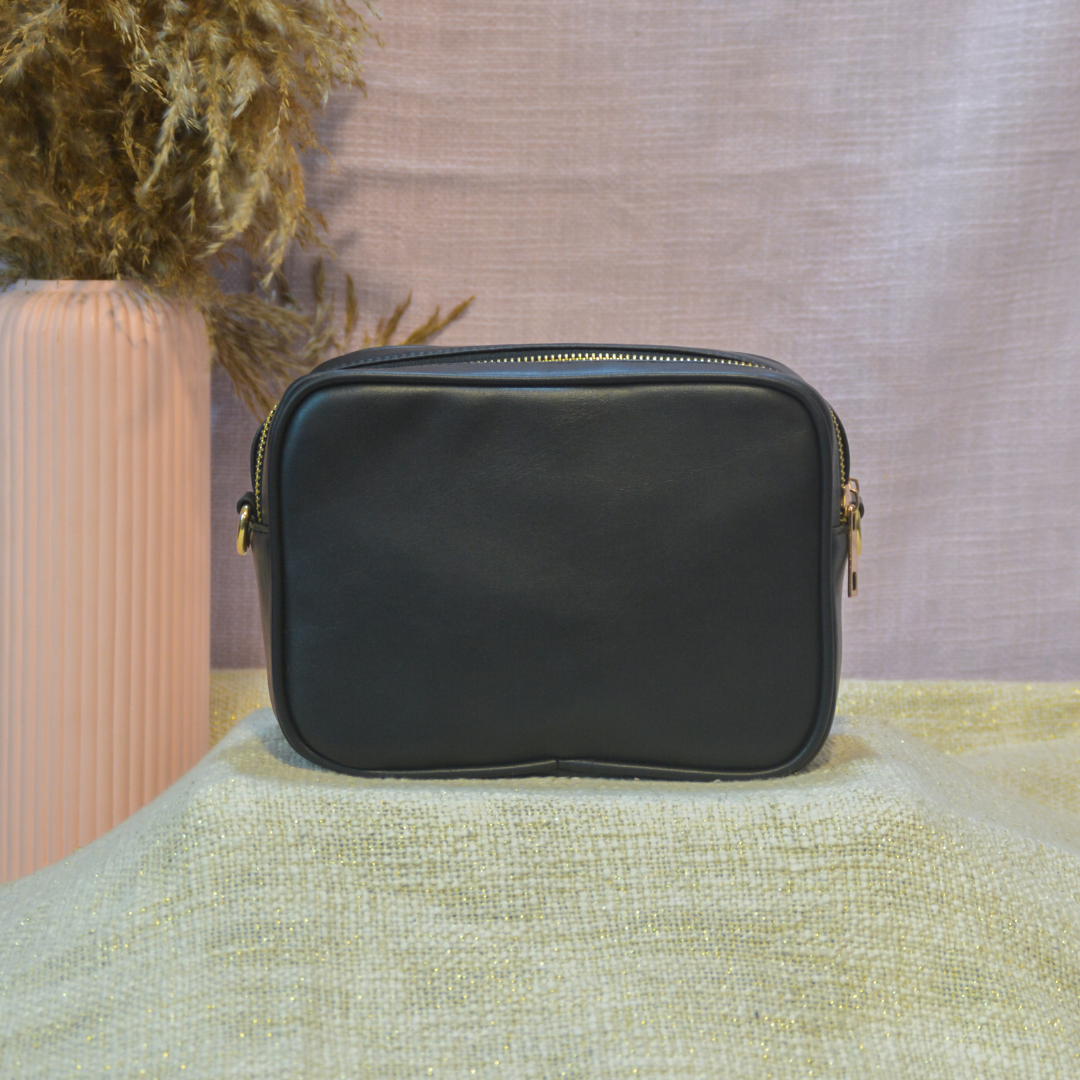 Black Dual Compartment Sling Bag with Black &amp; White Tribal Belt