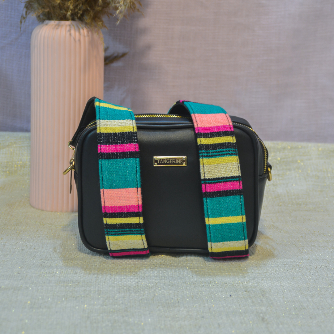 Black Dual Compartment Sling Bag with Black Multi-colour Belt