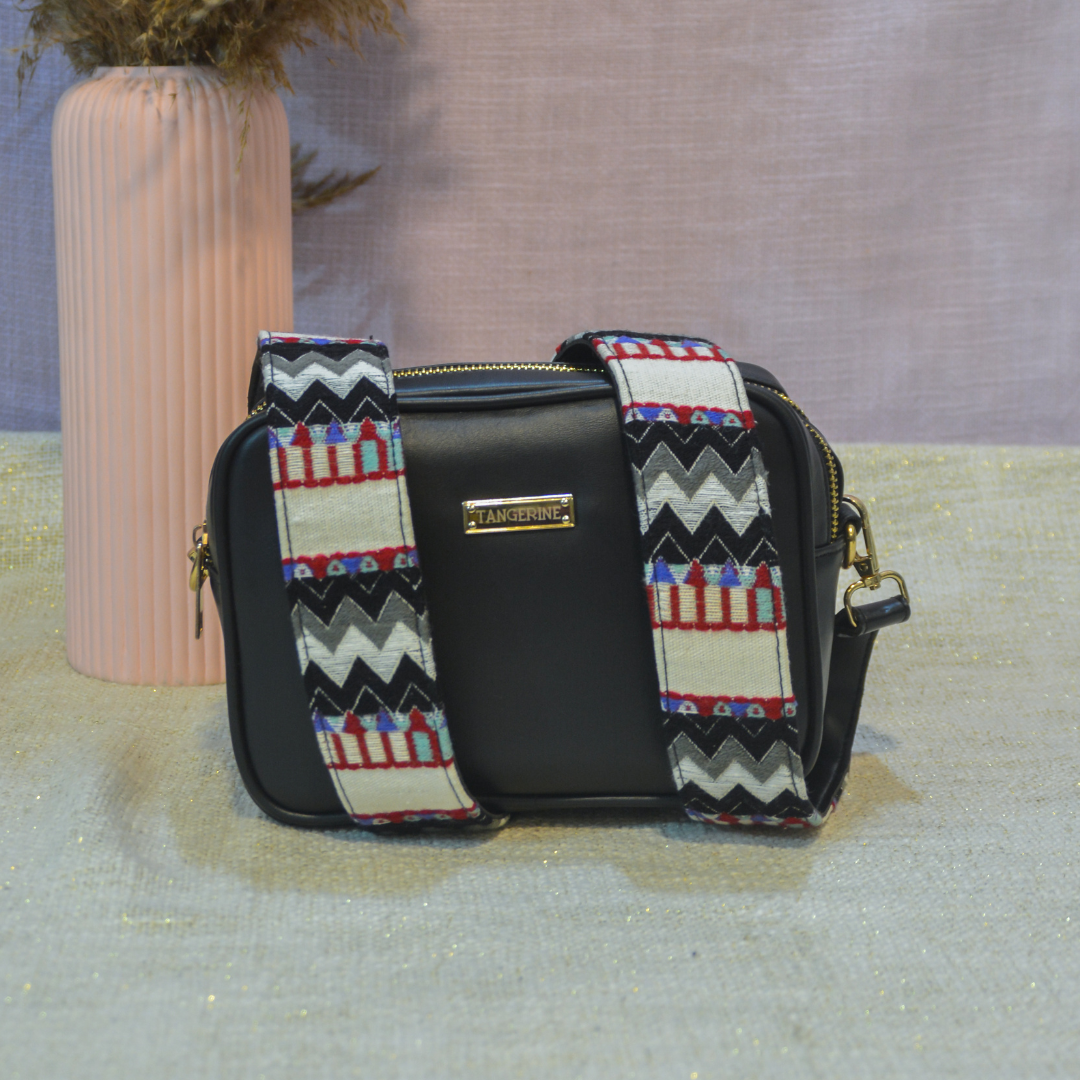 Black Dual Compartment Sling Bag with Black Tribal Belt