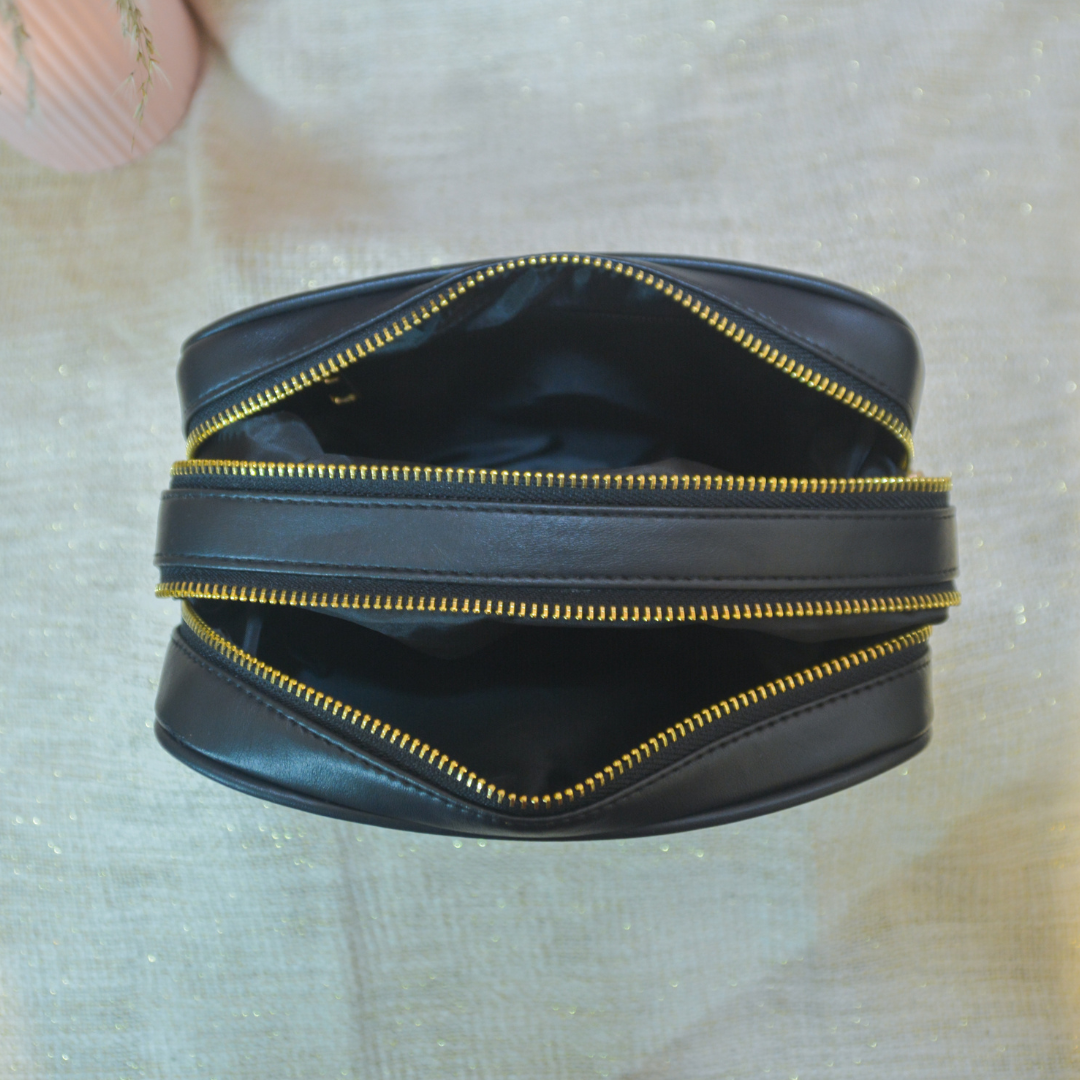 Black Dual Compartment Sling Bag with Black Bullet Belt + Big  Wallet