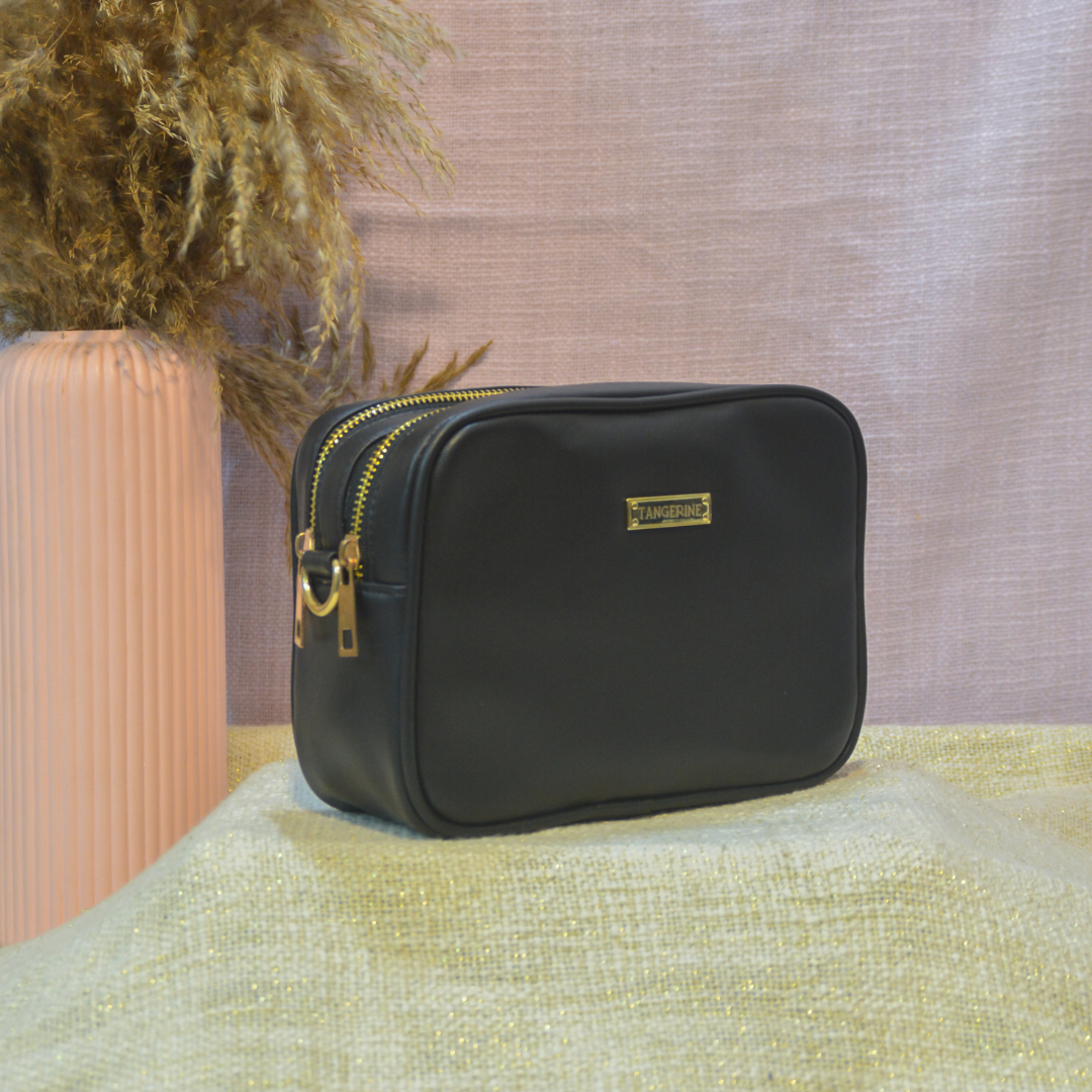 Black Dual Compartment Sling Bag with Black Multi-colour Belt