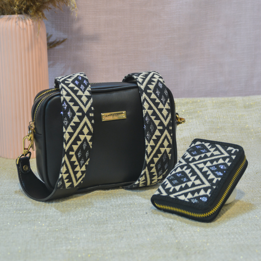 Black Dual Compartment Sling Bag with Black Diamond Belt + Mini Wallet Combo