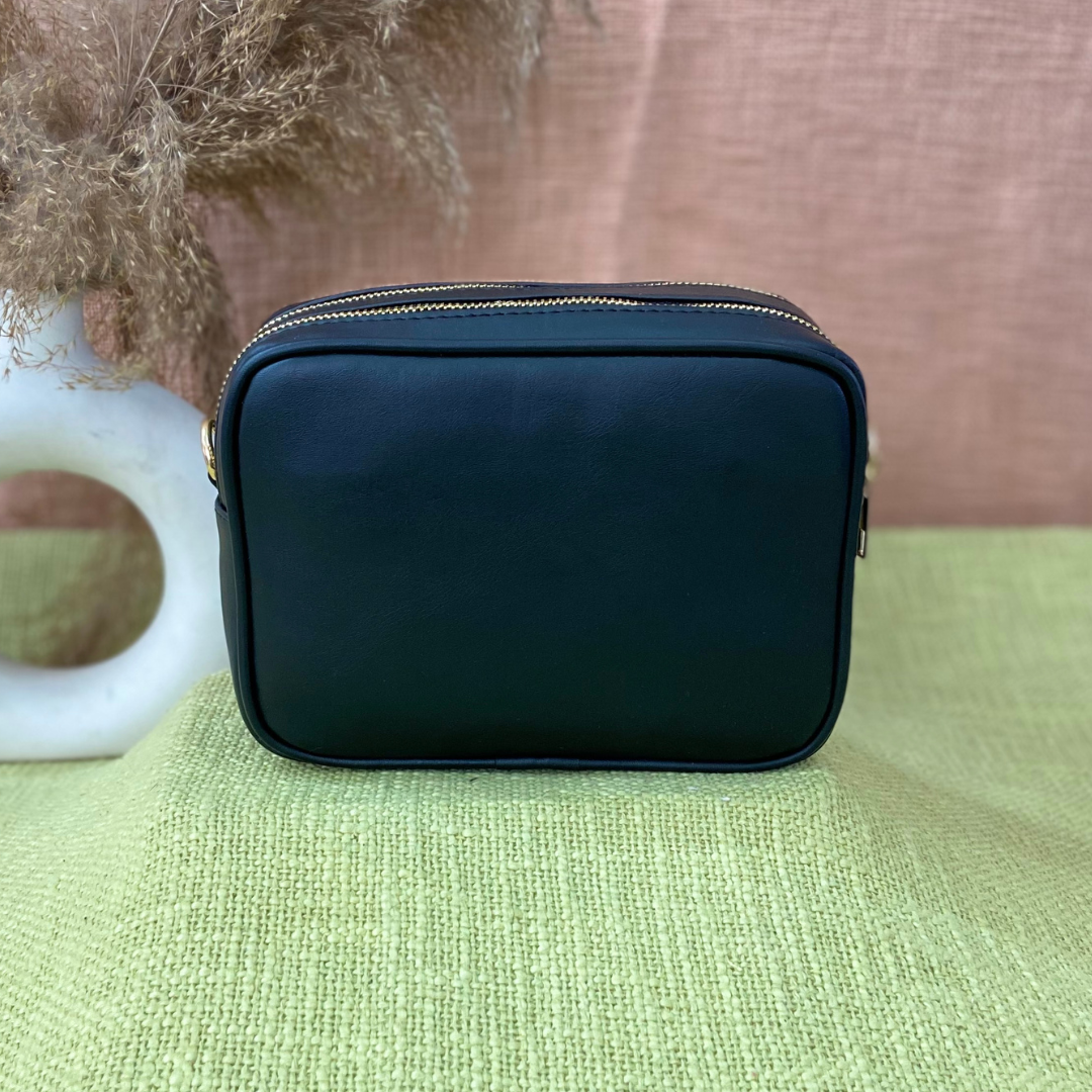 Black Dual Compartment Sling Bag with Black T-Shape Belt + Big Wallet