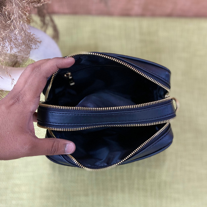 Black Dual Compartment Sling Bag with Black &amp; White Vintage Small Print Belt + Big Wallet