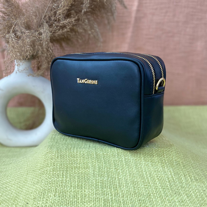 Black Dual Compartment Sling Bag with Black T-Shape Belt + Mini Wallet