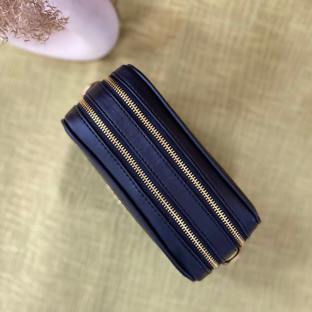 Black Dual Compartment Sling Bag with Black T-Shape Belt + Mini Wallet