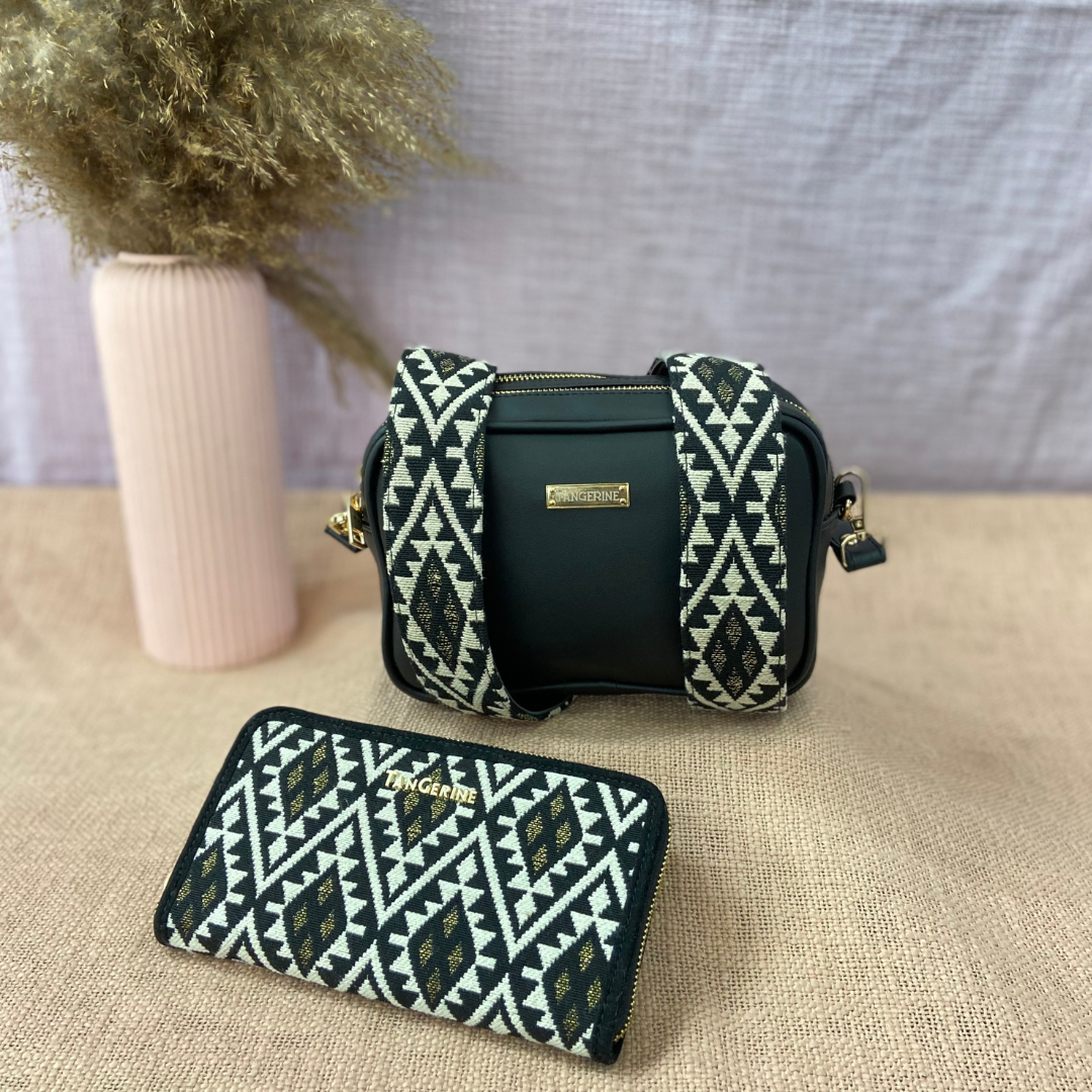 Black Dual Compartment Sling Bag with Black Diamond belt + Big Wallet