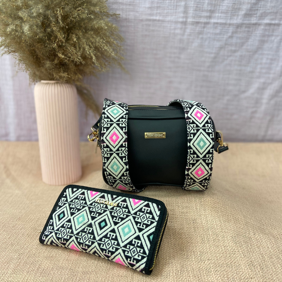 Black Dual Compartment Sling Bag with Black T-Shape Belt +Pink & Mint Diamond+ Big Wallet