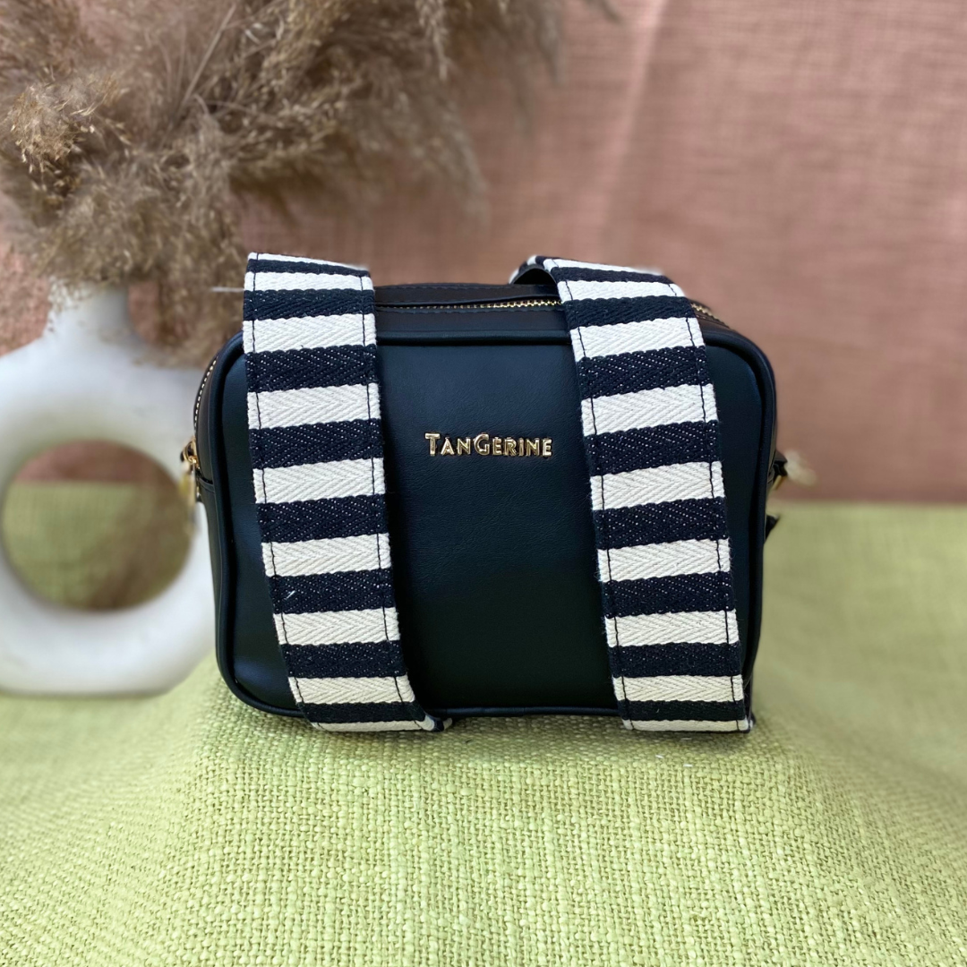 Black Dual Compartment Sling Bag with Black & White Stripes Belt