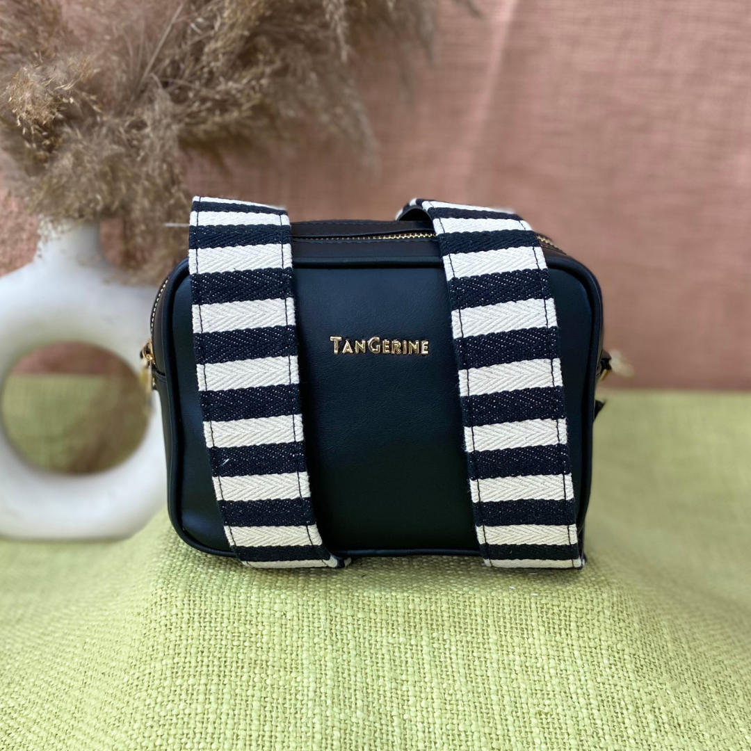 Black Dual Compartment Sling Bag with Black &amp; White Stripes Belt