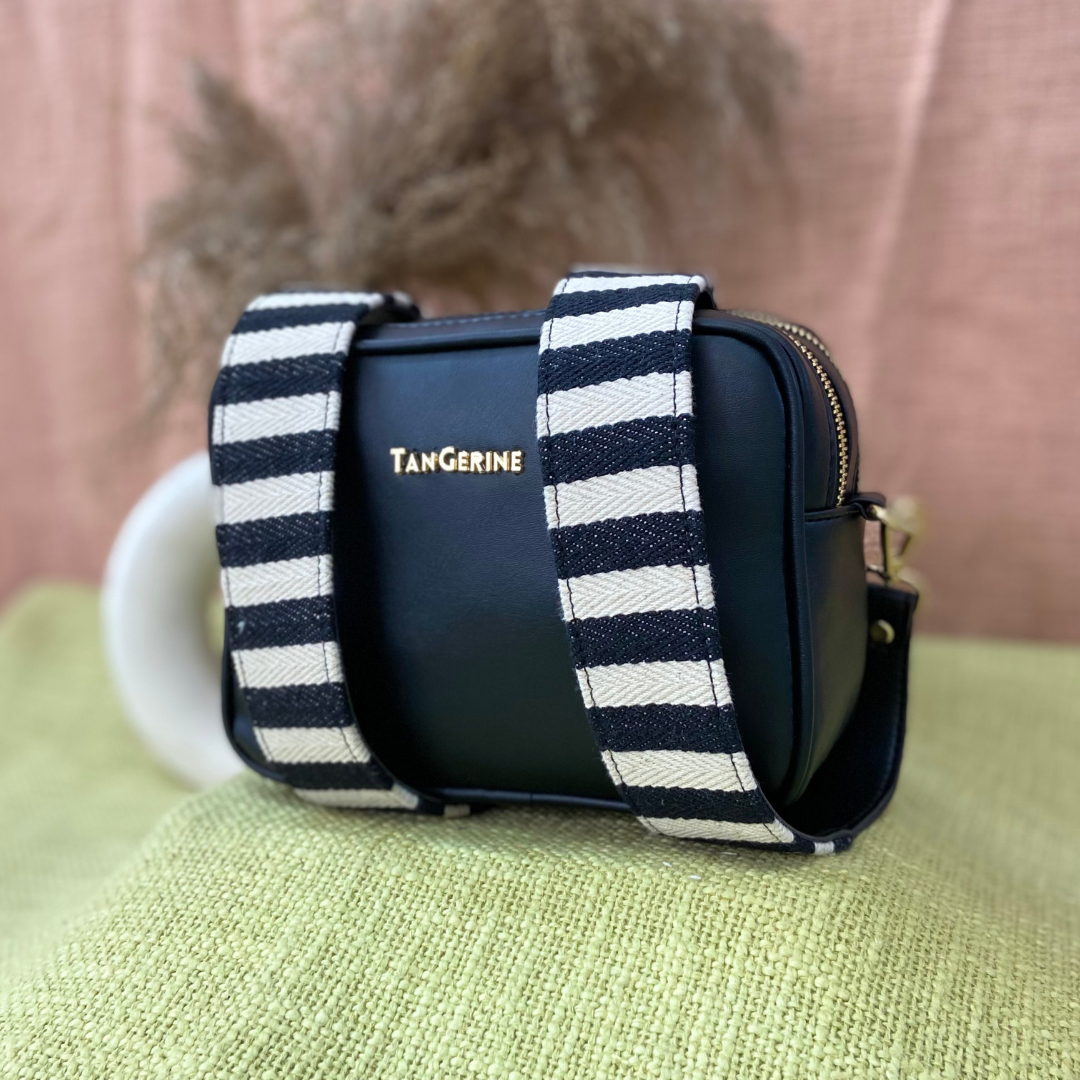Black Dual Compartment Sling Bag with Black &amp; White Stripes Belt