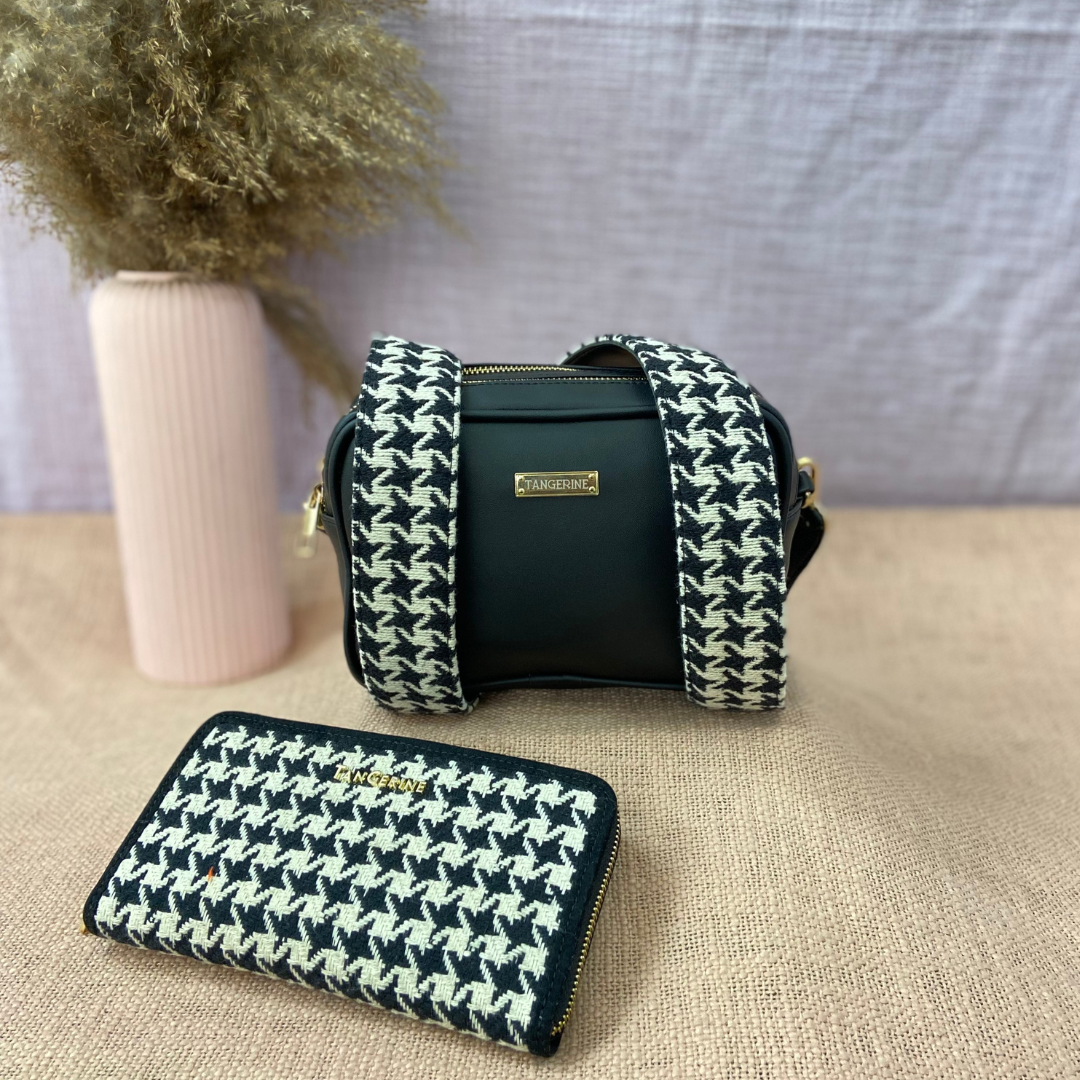 Black Dual Compartment Sling Bag with Black & White Vintage Small Print Belt + Big Wallet