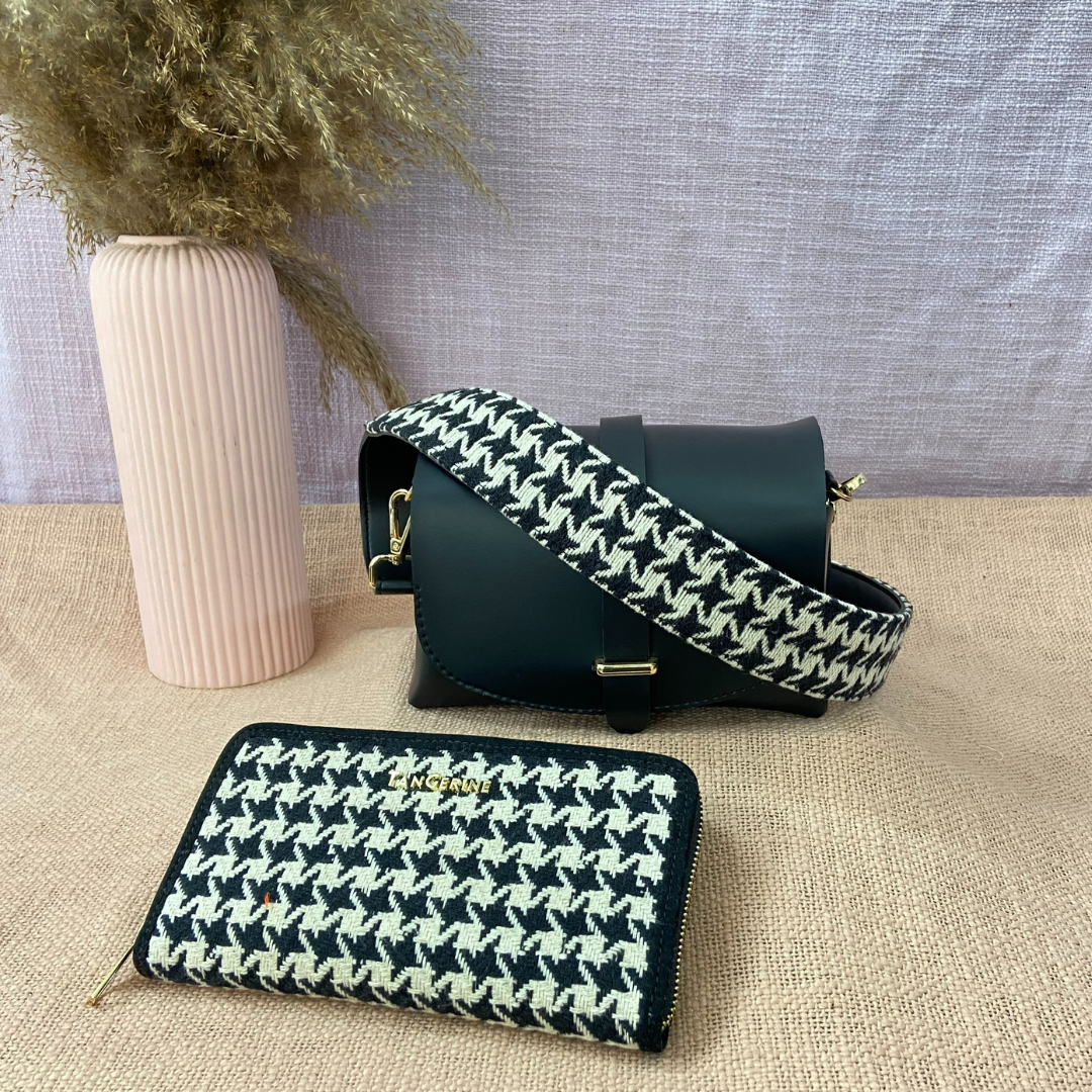 Black Eva Bag with Black & White Vintage Small Print Belt + Big Wallet