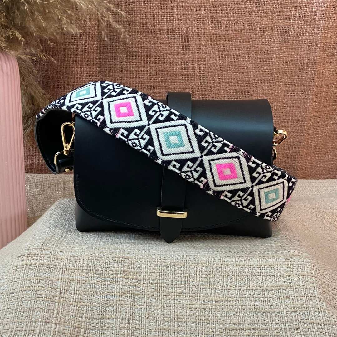 Black Eva Bag with Pink and Mint green Diamond Print Belt.