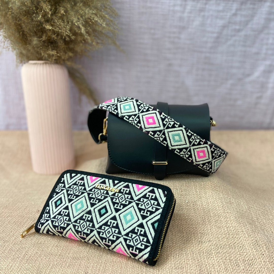 Black Eva Bag with Pink and Mint green Diamond Print Belt + Big Wallet