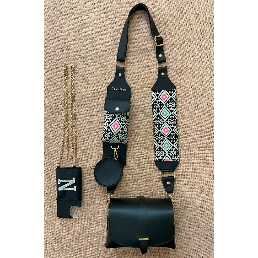 Black Eva + Black with Multi-Color Diamond Cloth on Pocket Pochette Belt with Phone Case