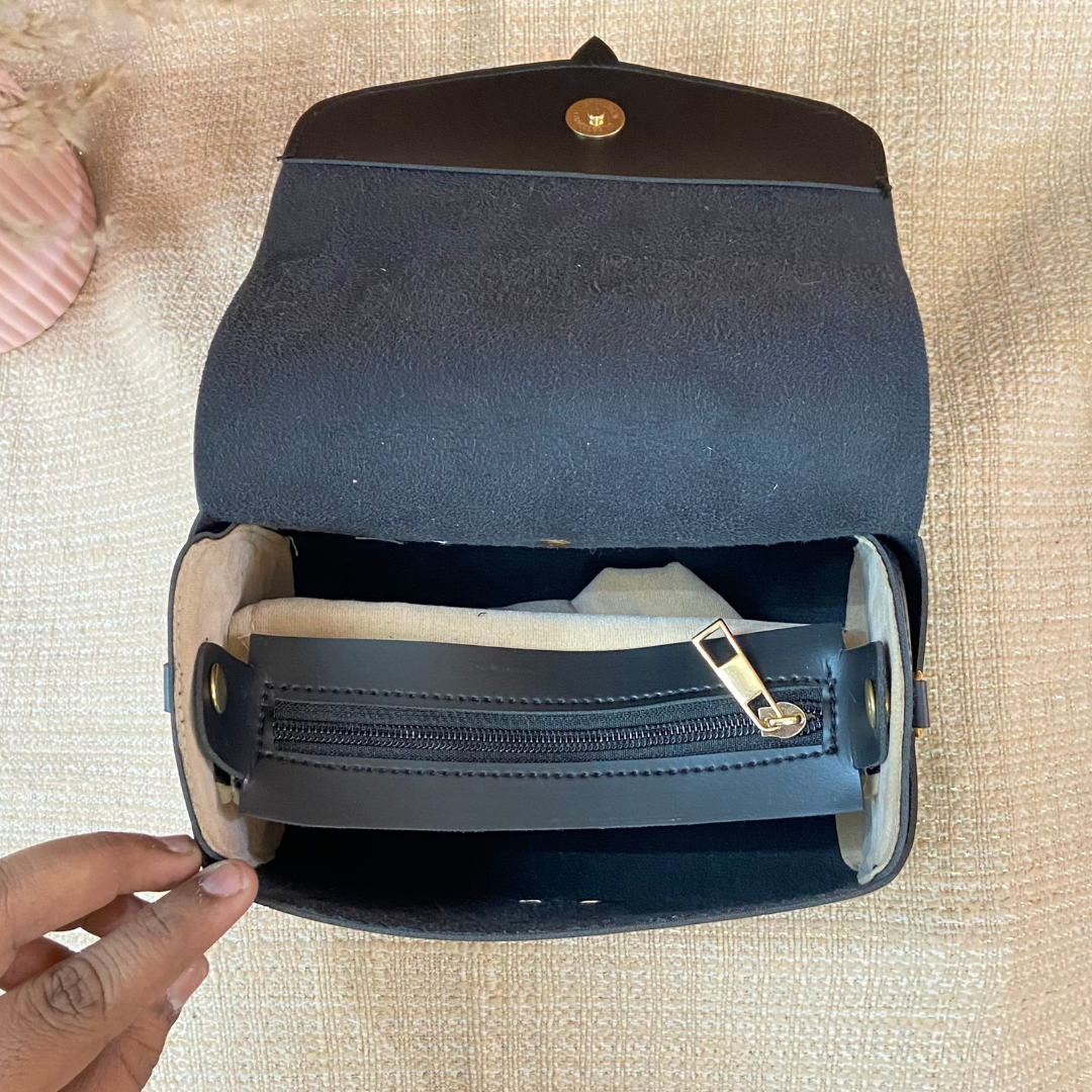 Black Eva Bag with Black &amp; White Vintage Small Print Belt + Big Wallet