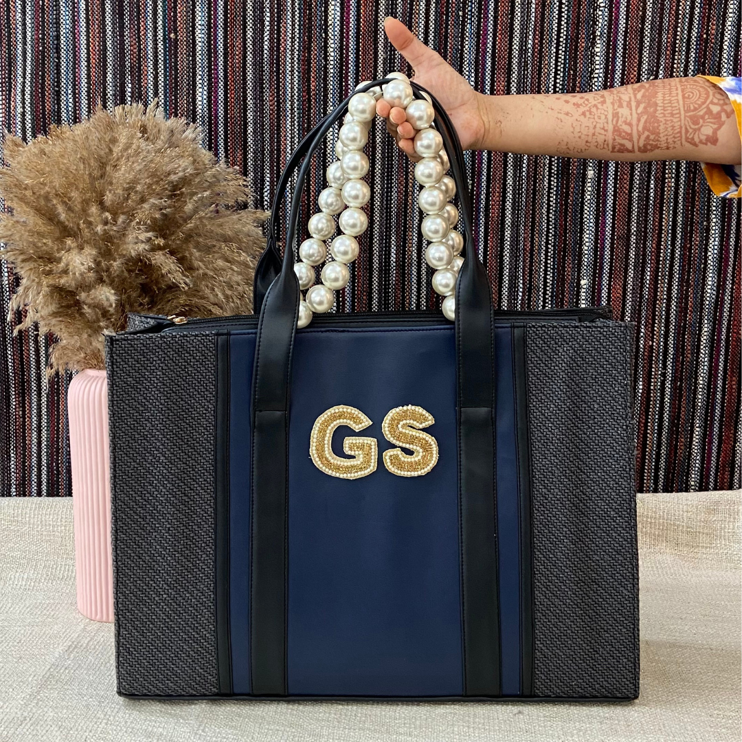 Black &amp; Blue Monogram Book Tote 2 Handwork Initials