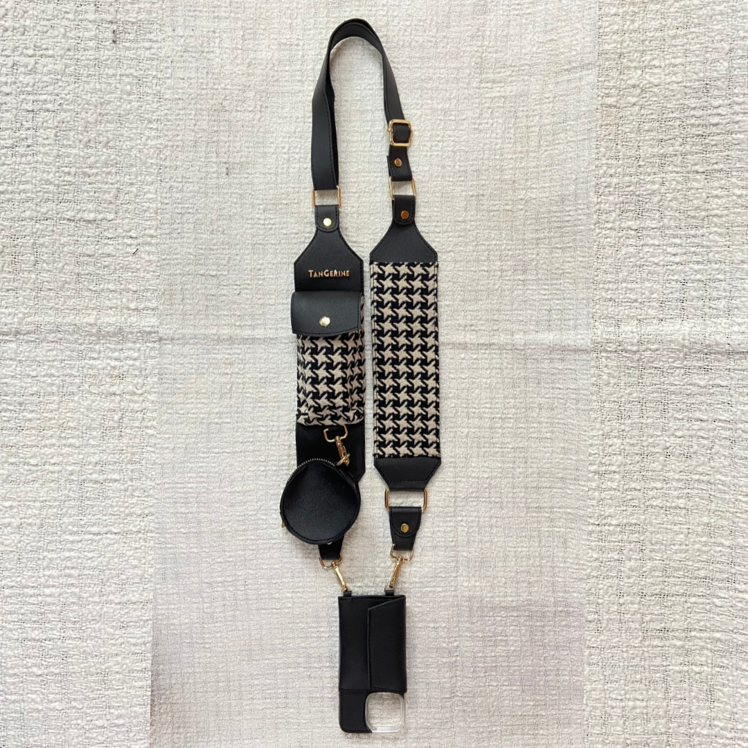Black &amp; White Vintage Small Print Cloth on Pocket Pochette Belt with Phone Case