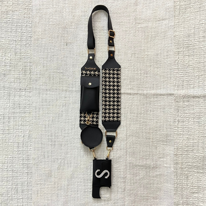 Black &amp; White Vintage Small Print Pochette Belt with Phone Case
