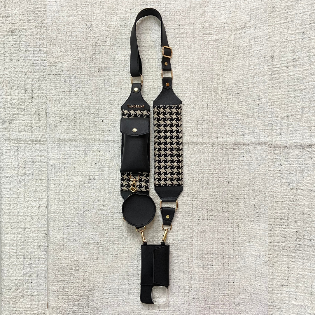 Black &amp; White Vintage Small Print Pochette Belt with Phone Case