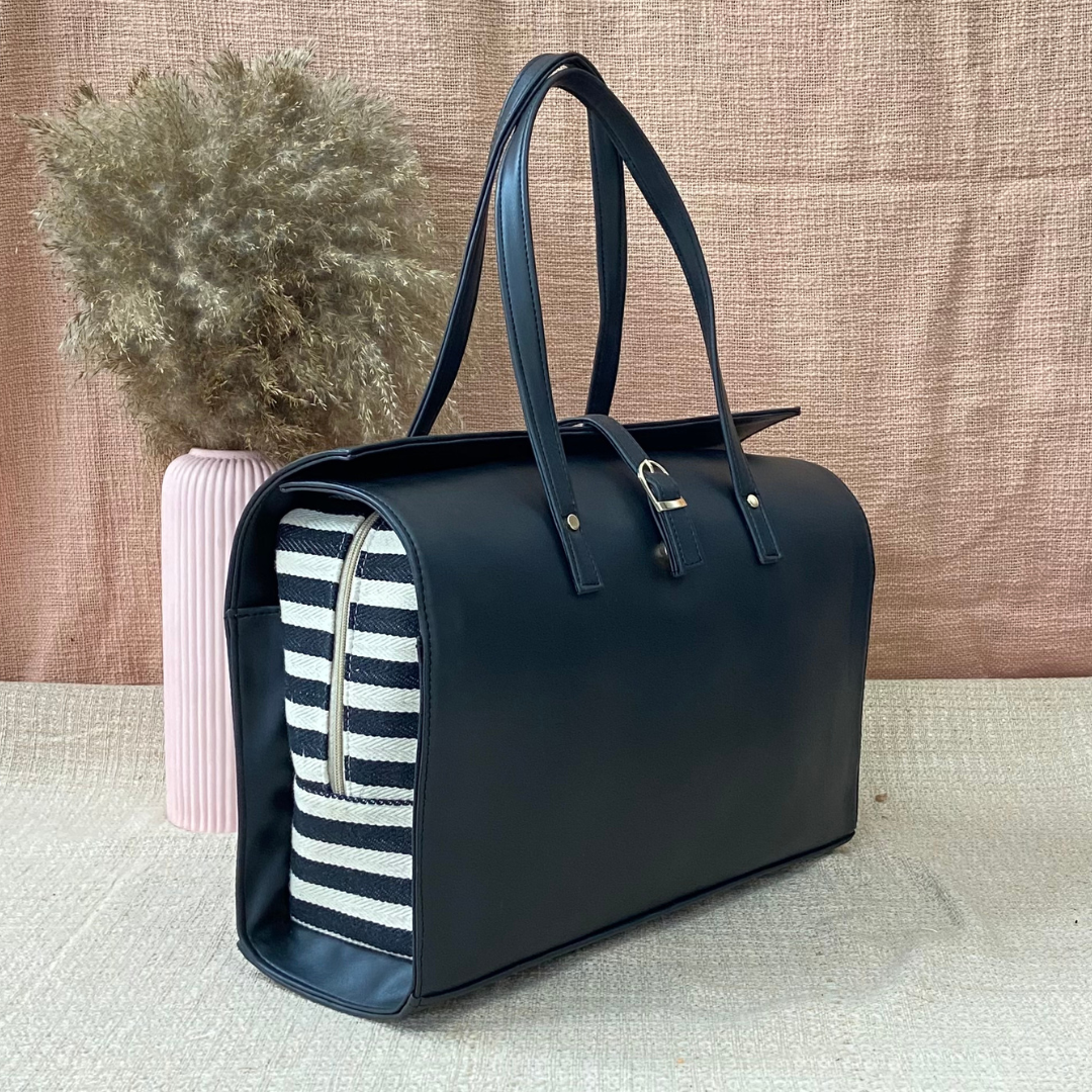 Black with Black &amp; White Strips Leera 16inch Bag