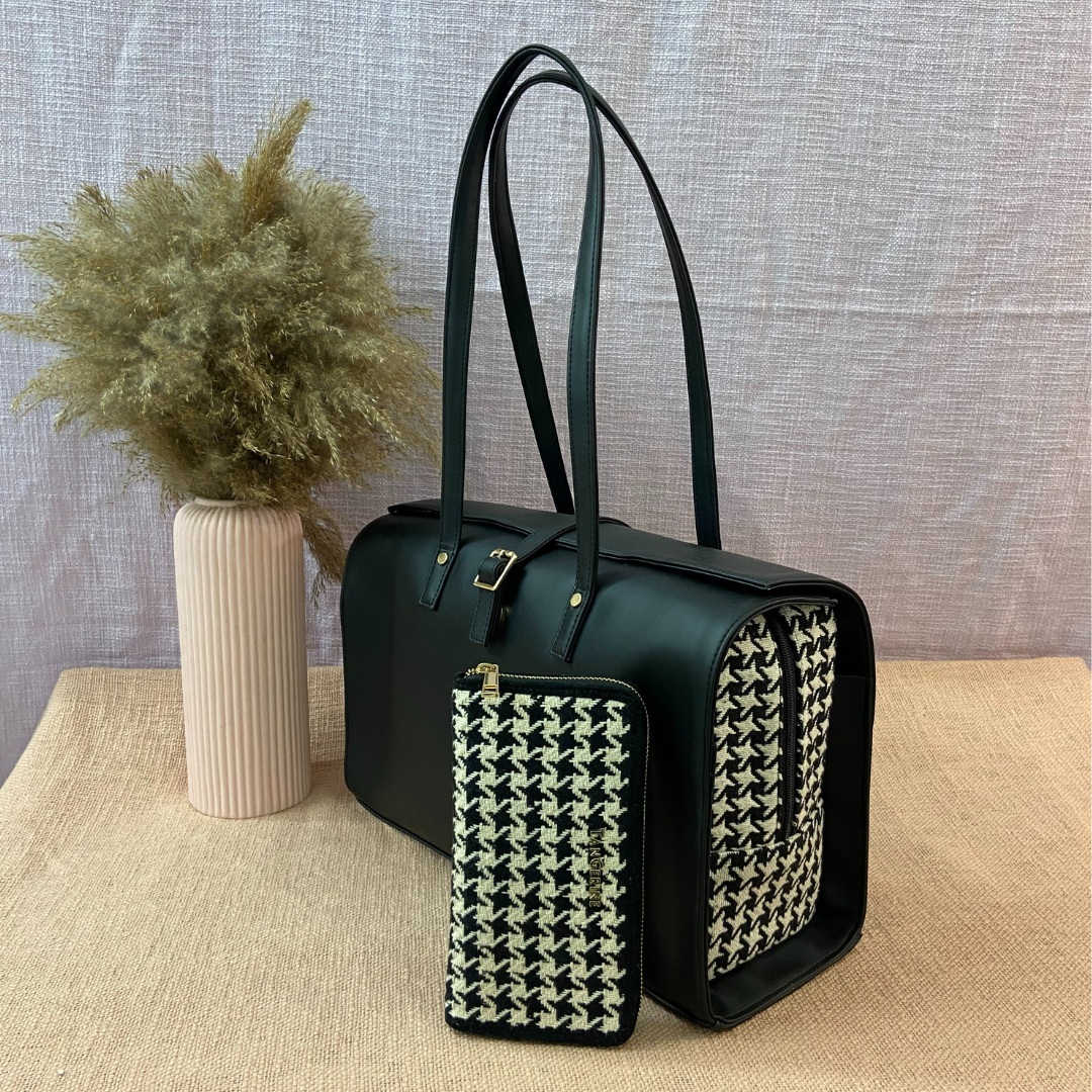 Black with Black & White Vintage Small Print Leera 16inch Bag + Big Wallet Combo