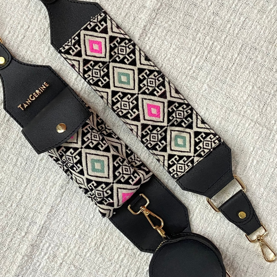 Black with Multi-Color Diamond Cloth on Pocket Pochette Belt with Phone Case