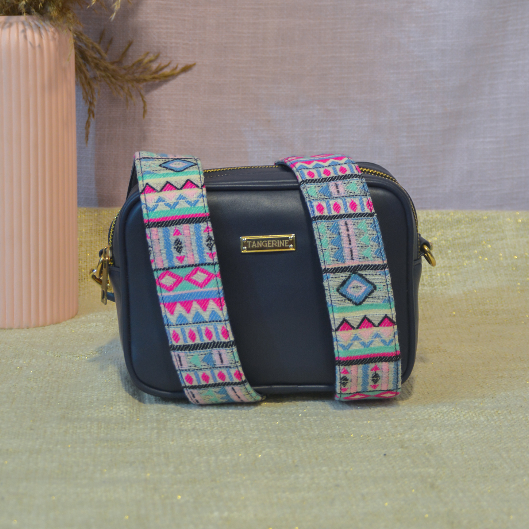 Blue Dual Compartment Bag with Purple Pop Belt.