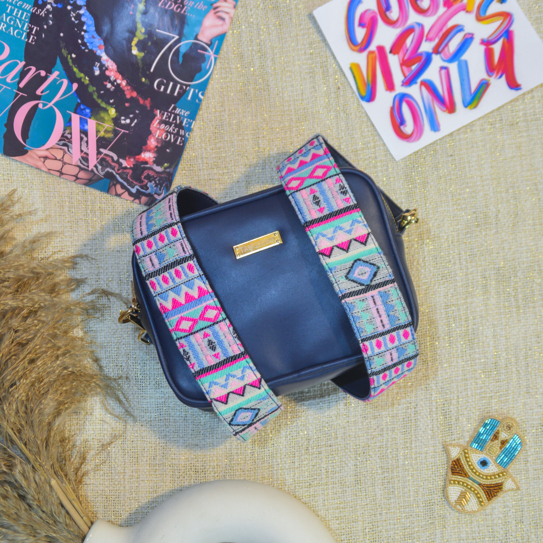 Blue Dual Compartment Bag with Purple Pop Belt.