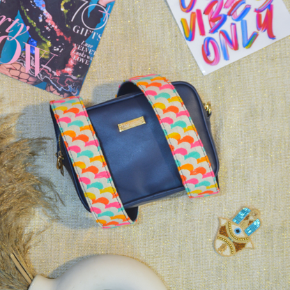 Blue Dual Compartment Bag with Blue Colourful Wave Belt + Mini Wallet + Big Wallet Combo