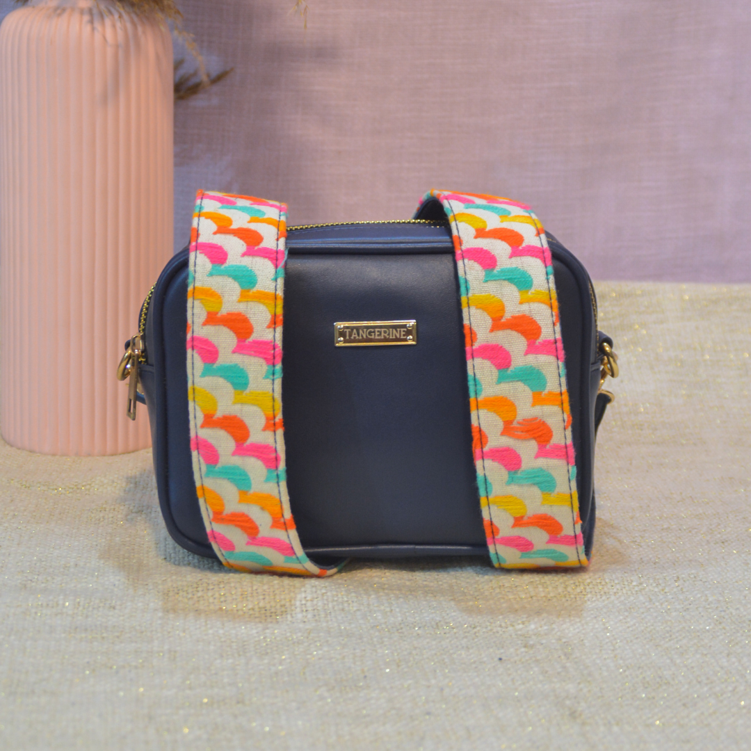 Blue Dual Compartment Bag with Blue Colourful Wave Belt