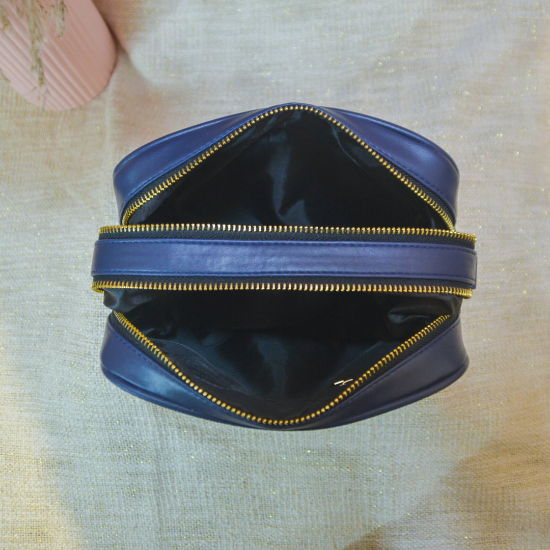 Blue Dual Compartment Bag with Purple Pop Belt.