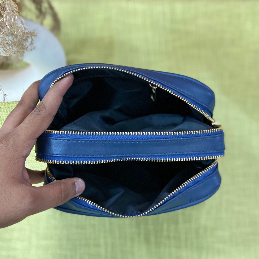 Blue Dual Compartment Bag with Multi-color Triangles Belt.
