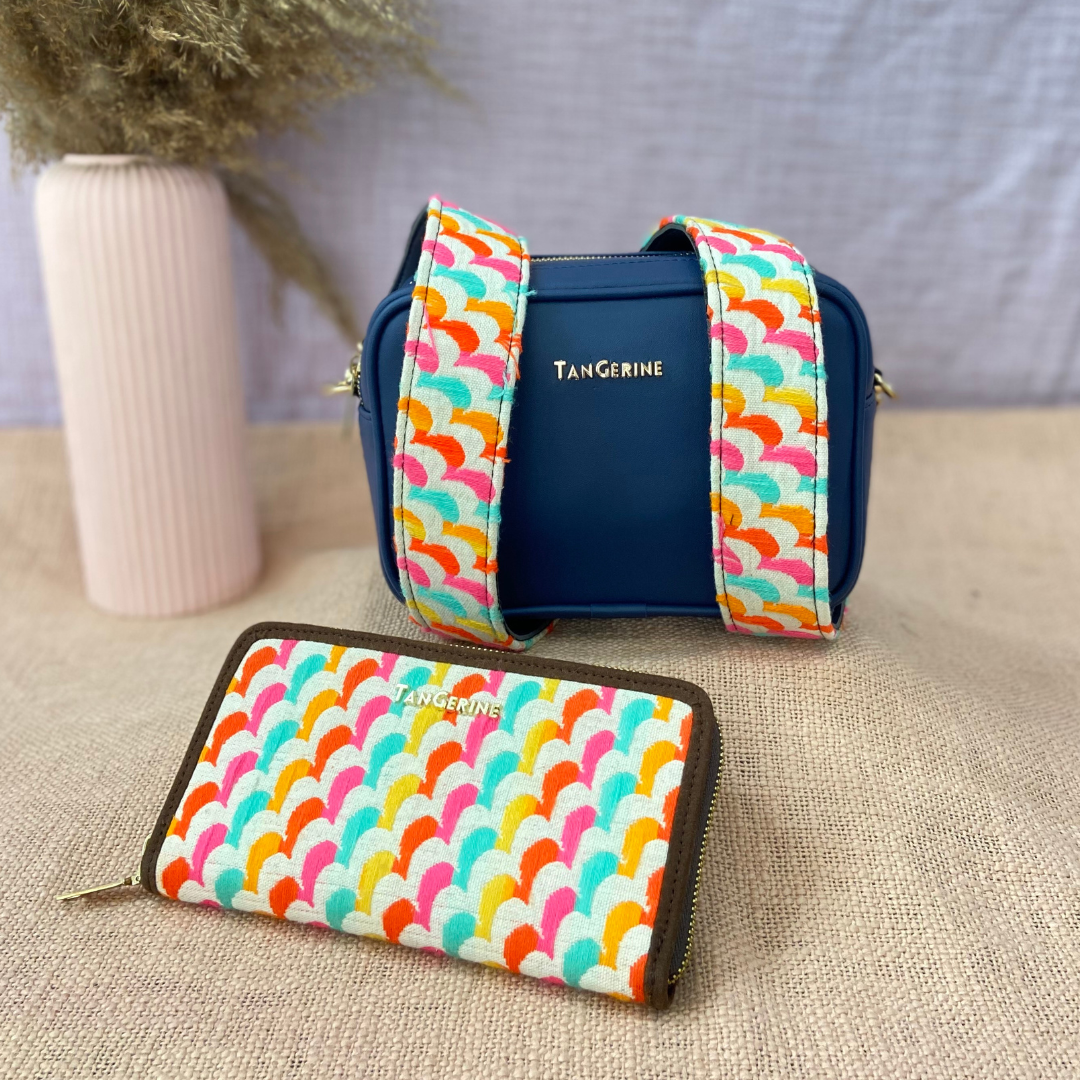 Blue Dual Compartment Bag with Blue Colourful Wave Belt + Mini Wallet + Big Wallet Combo