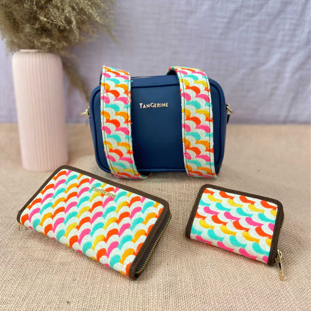 Blue Dual Compartment Bag with Blue Colourful Wave Belt + Mini Wallet + Big Wallet Combo