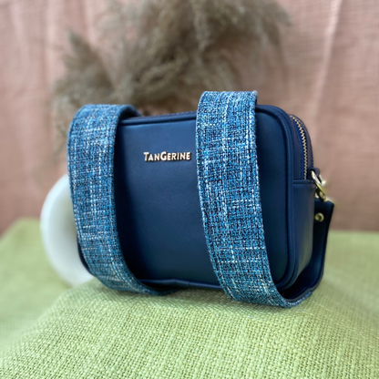 Blue Dual Compartment Bag with Midnight Blue Belt + Big Wallet Combo