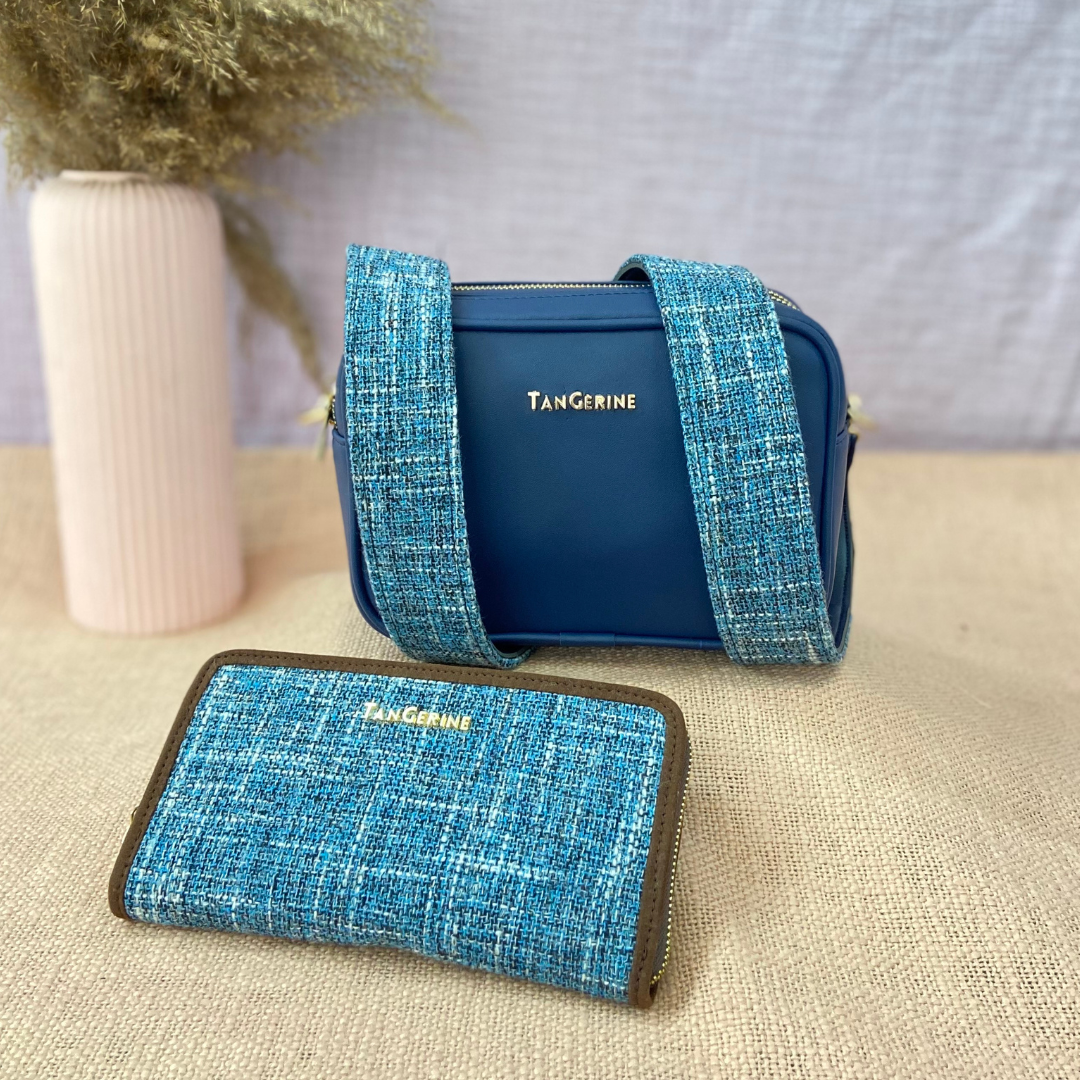 Blue Dual Compartment Bag with Midnight Blue Belt + Big Wallet Combo