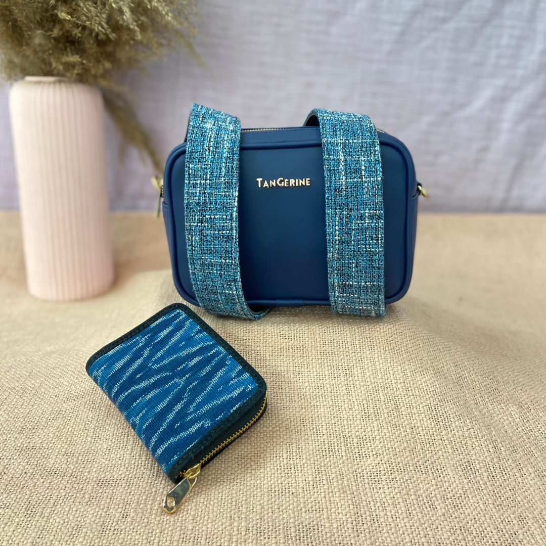 Blue Dual Compartment Bag with Midnight Blue Belt + Mini Wallet Combo
