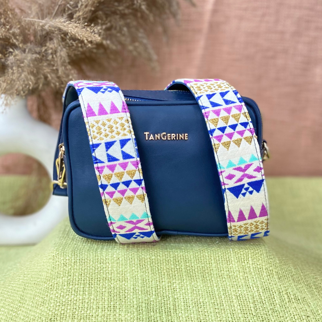 Blue Dual Compartment Bag with Multi-color Triangles Belt.